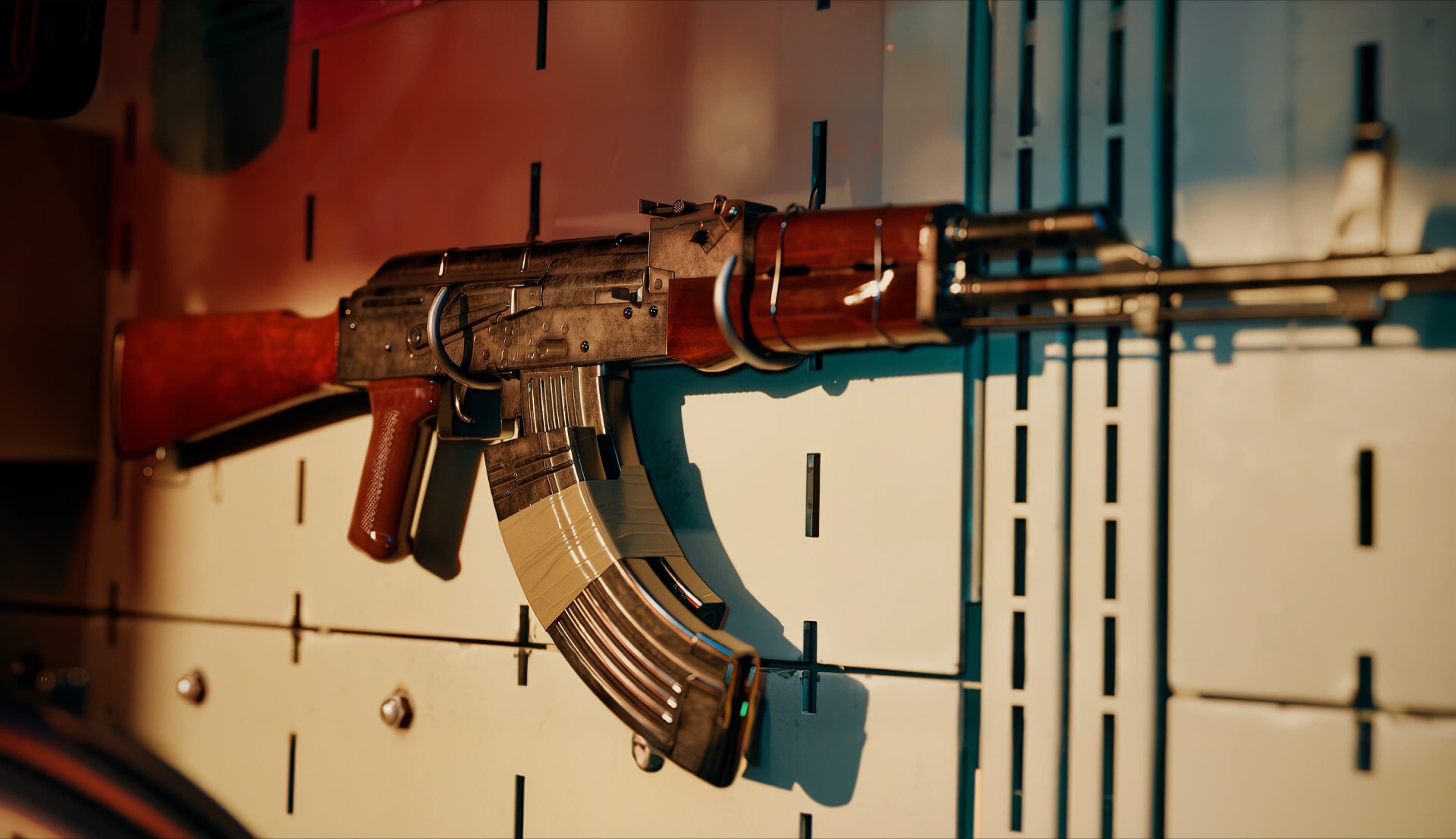 Assault rifle mounted on a locker room wall