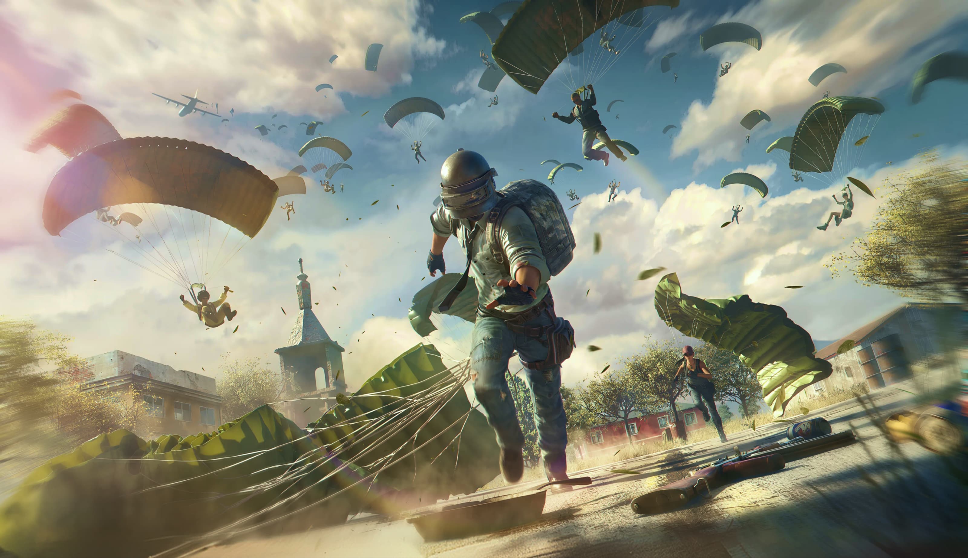 Players parachuting into the drop zone